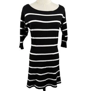 White House Black Market XS Sweater Dress Black Striped Button Cuff Workwear Mod